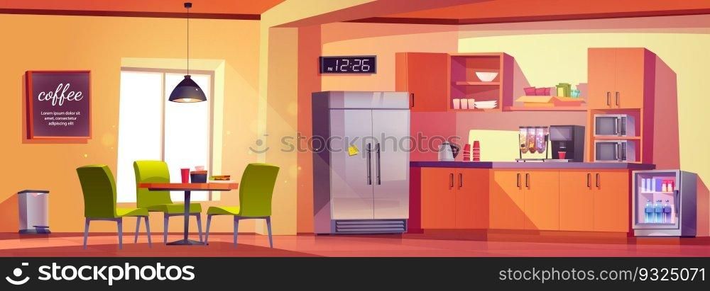 Office kitchen and break room interior vector background with table, chair and coffee machine. Cartoon illustration of canteen with selfservice. Modern company dining and lunch area for snack and meal. Office kitchen and break room interior vector