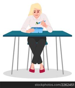 Office lady eating healthy food during lunch break semi flat RGB color vector illustration. Sitting figure. Healthy appetite. Person eating out alone isolated cartoon character on white background. Office lady eating healthy food during lunch break semi flat RGB color vector illustration
