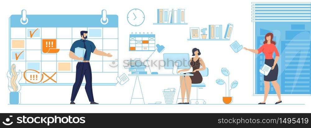 Office Life and Business Ideas Situation Cartoon. Woman Working at Computer. Male and Female Executive Managers Talking to Busy Coworker. Workplace, Paperwork. Deadline. Vector Flat Illustration. Office Life and Business Ideas Situation Cartoon