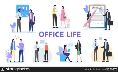 Office Life Group Man Woman Colleague Team Work Talk Discuss Contract Sign vector Illustration. Businessman Businesswoman Communication Coworker Frienship Love People Meeting Company Staff. Office Life Man Woman Team Work Talk Contract Sign