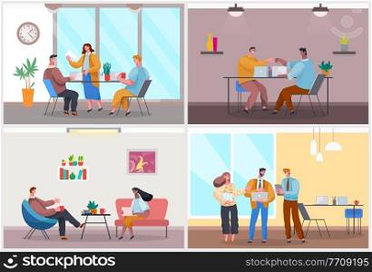 Office life, office workers discussing project, startup, business meeting, conference, good work, high five of two colleagues, guy talking with woman, people discuss work moments, cartoon illustration. Office life, office workers discussing project, startup, business meeting, good work, high five