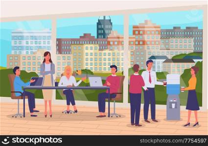 Office life, people at coffee break standing near water dispenser or water cooler and drinking coffee or tea from paper cups, team of workers talking sitting at table, office with panoramic windows. Office people at coffee break stand near water dispenser sitting at table talking, panoramic windows
