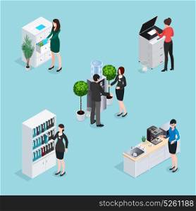 Office Life Scenes Isometric Set. Office life scenes isometric set with employees near water cooler cabinets copier at kitchen isolated vector illustration