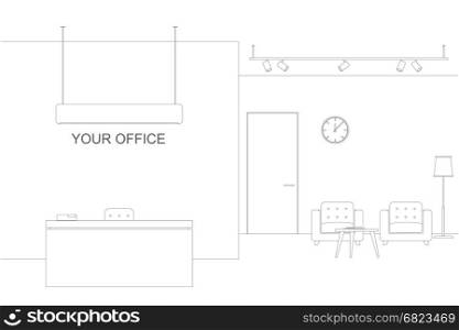 Office line interior with furniture.. Office line illustration with reception and waiting area. Thin offise interior with furniture.