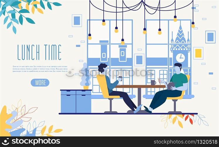 Office Lunch, Restaurant Food Delivery Service Flat Vector Web Banner, Landing Page Template. Office Workers, Company Employees Lunching at Work During Day, Making Coffee Break in Work Illustration