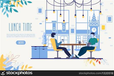Office Lunch, Restaurant Food Delivery Service Flat Vector Web Banner, Landing Page Template. Office Workers, Company Employees Lunching at Work During Day, Making Coffee Break in Work Illustration