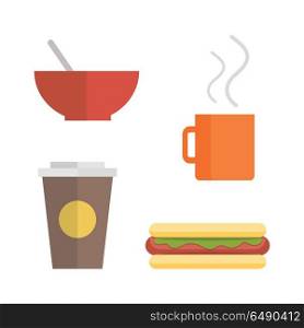 Office Lunch Set.. Office lunch set. Red plate, brown paper cup with coffee, hot dog, orange cup of hot drink. Food elements in flat style on white background. Fast food. Time break.