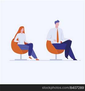 Office man and woman sitting in chairs. Office staff waiting for meeting in armchairs flat vector illustration. Confident business people, team concept for banner, website design or landing web page