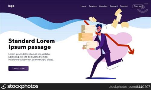 Office man running with piles of papers. Employee hurrying with documents flat vector illustration. Overworking, deadline, stressed business man concept for banner, website design or landing web page 