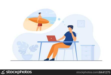 Office manager dreaming about vacation at sea flat vector illustration. Cartoon business person relaxing during job and thinking about surfing. Holiday and work concept