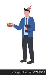 Office manager giving present semi flat color vector character. Gift exchange. Full body person on white. Secret Santa isolated modern cartoon style illustration for graphic design and animation. Office manager giving present semi flat color vector character