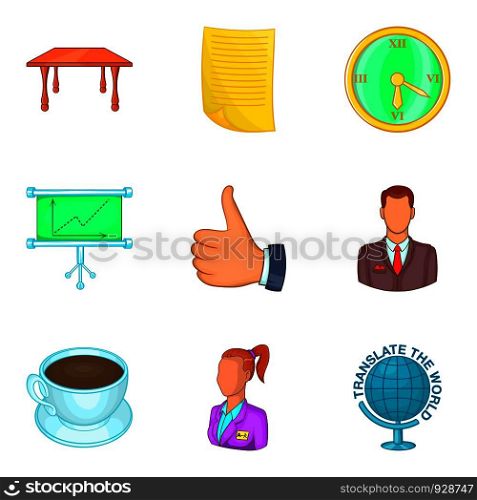 Office manager icon set. Cartoon set of 9 office manager vector icons for web design isolated on white background. Office manager icon set, cartoon style