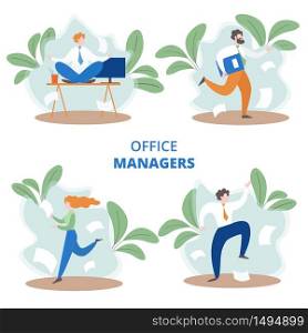 Office Managers Flat Vector Concepts Set Isolated on White Background. Hurrying Female, Male Company Employee, Busy Businesspeople Running with Documents, Meditating on Desk Office Worker Illustration