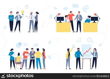 Office managers workflow concept. Business people corporate group find solutions, working network process. Cartoon flat businessmen work together vector scenes. Illustration of office work workflow. Office managers workflow concept. Business people corporate group find solutions, working network process. Cartoon flat businessmen recent work together vector scenes