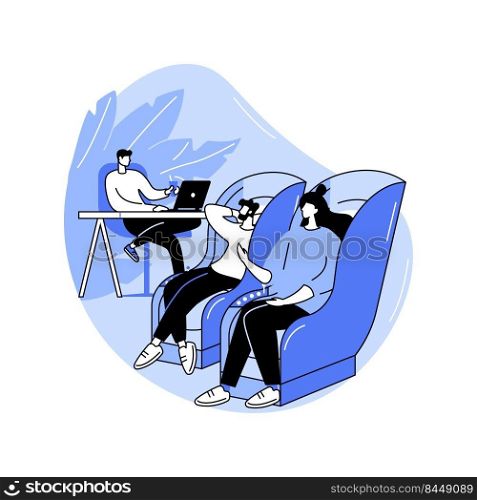 Office massage zone isolated cartoon vector illustrations. Group of colleagues sitting in massage chairs in recreational zone in office, relax time at job, wellness activity vector cartoon.. Office massage zone isolated cartoon vector illustrations.