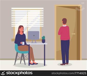 Office meeting and consideration of working affairs. Woman office worker discussing project with boss. Businessman dressed formally standing in room and talking to woman siting at table with laptop. Office meeting consideration of working affairs. Woman office worker discussing project with boss