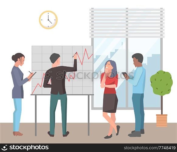 Office meeting business people man and woman discussing indicators. Man makes a presentation to colleagues in workspace. Businessmen are talking, communicating, discuss profit growth on the chart. Office meeting, businessmen are talking, communicating, discuss profit growth on the chart