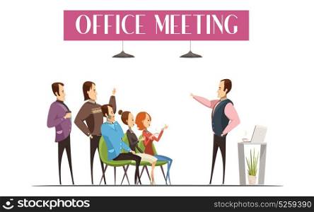 Office Meeting Cartoon Style Design. Office meeting design including boss with laptop and coffee employees and interior elements cartoon style vector illustration
