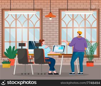 Office meeting concept business people illustration, modern workplace. Two woman talking, making hand gestures. Lady boss sitting at a desk with laptop, communicating with manager, discuss project. Lady boss sitting in modern workplace at a desk with laptop, communicating with manager