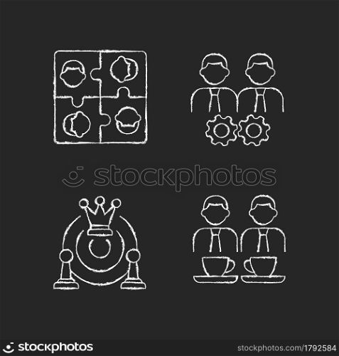 Office members interaction chalk white icons set on dark background. Approach goal together. Employees meetings and team building. Business activity. Isolated vector chalkboard illustrations on black. Office members interaction chalk white icons set on dark background
