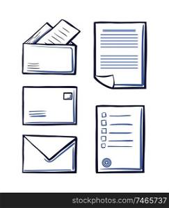 Office messages and envelopes with pages vector. Monochrome sketches outline isolated icons set of papers and documentation. Postal signs on sheets. Office Messages and Envelopes with Pages Vector