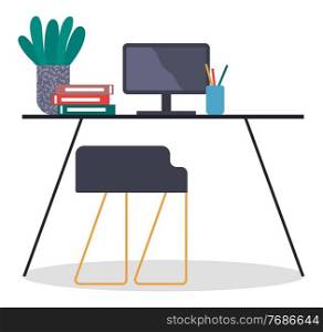 Office metal or wooden table, computer, stationery, colored folders stack, potted plant, black chair or armchair with metal legs. Employee workplace, comfortable office, furniture and electronics. Desk, chair, monoblock, stationery, folders, potted flower, office space, furniture. Flat image