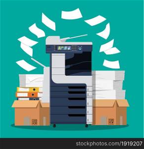 Office multifunction machine. Pile of paper documents, boxes and folders. Bureaucracy, paperwork, office. Printer copy scanner device. Professional printing station. Vector illustration in flat style. Office multifunction machine.
