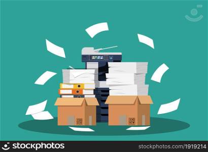 Office multifunction machine. Pile of paper documents, boxes and folders. Bureaucracy, paperwork, office. Printer copy scanner device. Professional printing station. Vector illustration in flat style. Office multifunction machine.