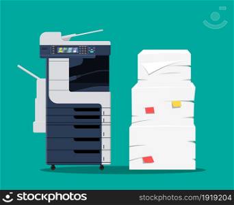 Office multifunction machine. Pile of paper documents. Bureaucracy, paperwork, office. Printer copy scanner device. Proffesional printing station. Vector illustration in flat style. Office multifunction machine.