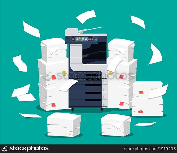 Office multifunction machine. Pile of paper documents. Bureaucracy, paperwork, office. Printer copy scanner device. Proffesional printing station.Vector illustration in flat style. Office multifunction machine.