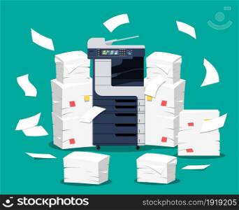 Office multifunction machine. Pile of paper documents. Bureaucracy, paperwork, office. Printer copy scanner device. Proffesional printing station.Vector illustration in flat style. Office multifunction machine.