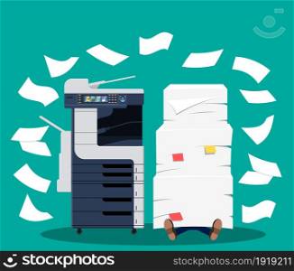 Office multifunction machine. Pile of paper documents. Bureaucracy, paperwork, overwork, office. Printer copy scanner device. Proffesional printing station. Vector illustration in flat style. Office multifunction machine.