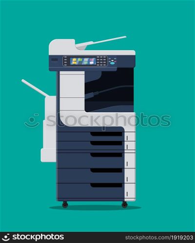 Office multifunction machine. Printer copy scanner device. Proffesional printing station. Vector illustration in flat style. Office multifunction machine.