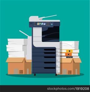 Office multifunction printer scanner. Copier isolated on blue background. Copy machine with a lot of documents, cardboard boxes with papers, folders. Vector illustration in flat style. Office multifunction printer scanner.