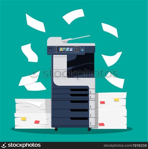 Office multifunction printer scanner. Copier with flying paper isolated on background. Copy machine with pile of documents, stack of papers. Vector illustration in flat style. Office multifunction printer scanner.