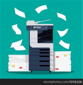 Office multifunction printer scanner. Copier with flying paper isolated on background. Copy machine with pile of documents, stack of papers. Vector illustration in flat style. Office multifunction printer scanner.