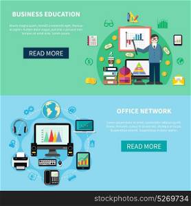Office Network And Business Education Banners. Two horizontal banners with office network and business education design concepts composed from workplace icons flat vector illustration