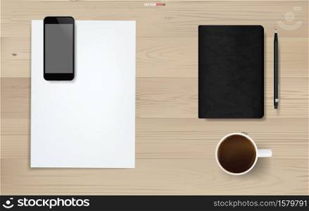 Office object background on wood. Working space area. Business background of white paper sheet, smartphone, coffee cup, notebook and pencil on wood texture. Vector illustration.