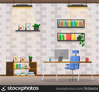 Office of boss or director. Working space of ceo executive of company. Table with personal computer and cup of coffee. Shelves with books and documents or files. Interior vector in flat style. Office Interior, Room of Director with Furniture