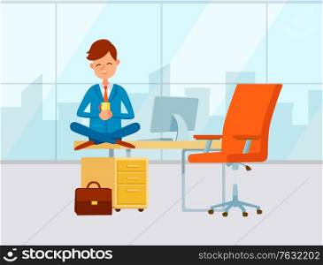 Office of businessman, person wearing formal clothes and drinking beverage. Coffee break of director of company, chief executive magnate owner. Vector illustration in flat cartoon style. Businessman Taking Coffee Break, Workplace Office
