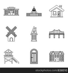 Office of city icons set. Outline set of 9 office of city vector icons for web isolated on white background. Office of city icons set, outline style