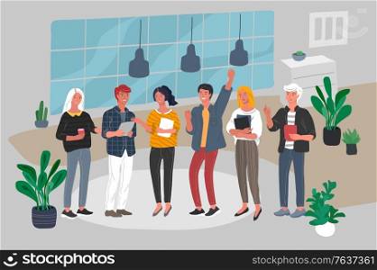 Office or coworking interior workers communicating. Group of young trendy people take brake at work or teamwork meeting. Startup company at workplace. Vector cartoon concept. Office or coworking interior workers communicating. Group of young people take brake at work or teamwork meeting. Startup company at workplace. Vector cartoon