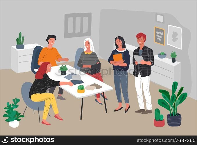 Office or coworking interior workers sitting at desks and communicating, teamwork meeting. Successful team gathering. Group of young people, startup company at workplace. Vector cartoon concept. Office or coworking interior workers sitting at desks and communicating, teamwork meeting. Successful team gathering. Group of young people, startup company at workplace. Vector cartoon