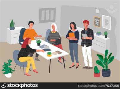 Office or coworking interior workers sitting at desks and communicating, teamwork meeting. Successful team gathering. Group of young people, startup company at workplace. Vector cartoon concept. Office or coworking interior workers sitting at desks and communicating, teamwork meeting. Successful team gathering. Group of young people, startup company at workplace. Vector cartoon