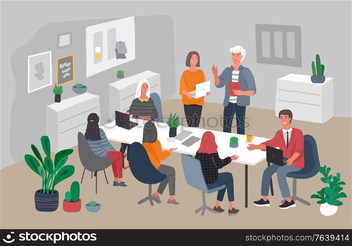 Office or coworking interior workers sitting at desks and communicating, teamwork meeting. Successful team gathering. Group of young trendy people, startup company at workplace. Vector cartoon concept. Office or coworking interior workers sitting at desks and communicating, teamwork meeting. Successful team gathering. Group of young people, startup company at workplace. Vector cartoon