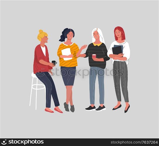 Office or coworking woman worker communicating or talking. Group of young girl take brake at work or teamwork meeting. Successful team gathering. Vector cartoon illustration. Office or coworking woman worker communicating or talking. Group of young girl take brake at work or teamwork meeting. Successful team gathering. Vector cartoon