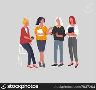 Office or coworking woman worker communicating or talking. Group of young girl take brake at work or teamwork meeting. Successful team gathering. Vector cartoon illustration. Office or coworking woman worker communicating or talking. Group of young girl take brake at work or teamwork meeting. Successful team gathering. Vector cartoon
