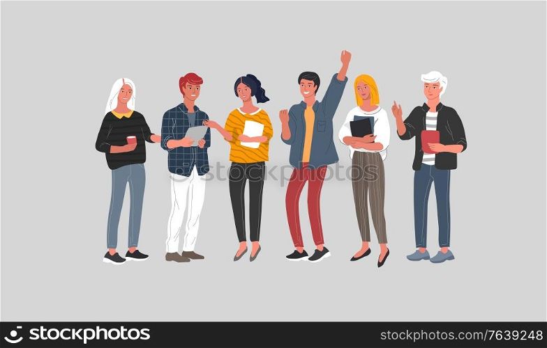 Office or coworking workers communicating. Group of young trendy people take brake at work or teamwork meeting. Startup company at workplace. Vector cartoon concept. Office or coworking workers communicating. Group of young trendy people take brake at work or teamwork meeting. Startup company at workplace. Vector cartoon
