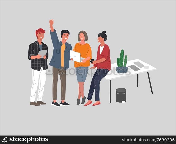 Office or coworking workers communicating. Group of young trendy people take brake at work or teamwork meeting. Startup company at workplace. Vector cartoon concept. Office or coworking workers communicating. Group of young trendy people take brake at work or teamwork meeting. Startup company at workplace. Vector cartoon