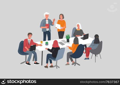 Office or coworking workers sitting at desks and communicating, teamwork meeting. Successful team gathering. Group of young trendy people, startup company. Vector cartoon concept. Office or coworking workers sitting at desks and communicating, teamwork meeting. Successful team gathering. Group of young trendy people, startup company. Vector cartoon